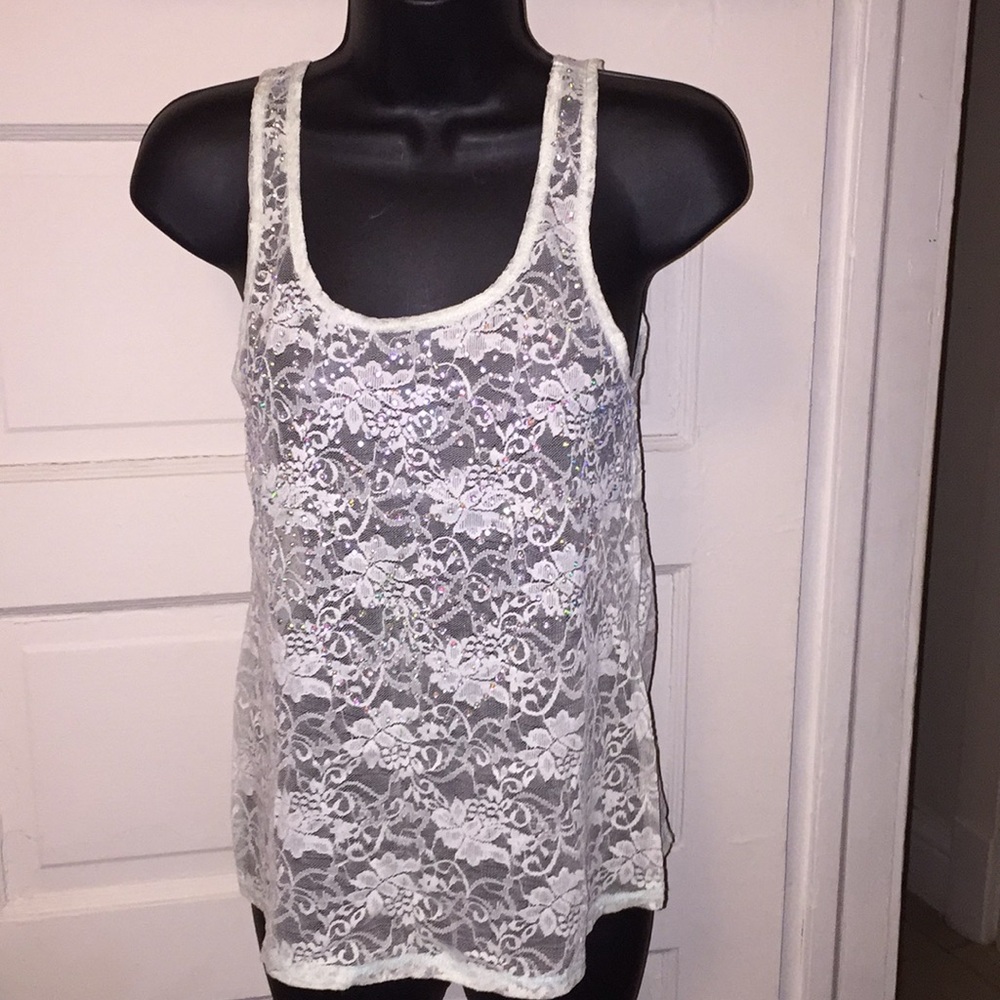 Seafoam green sheer lace beaded tank top